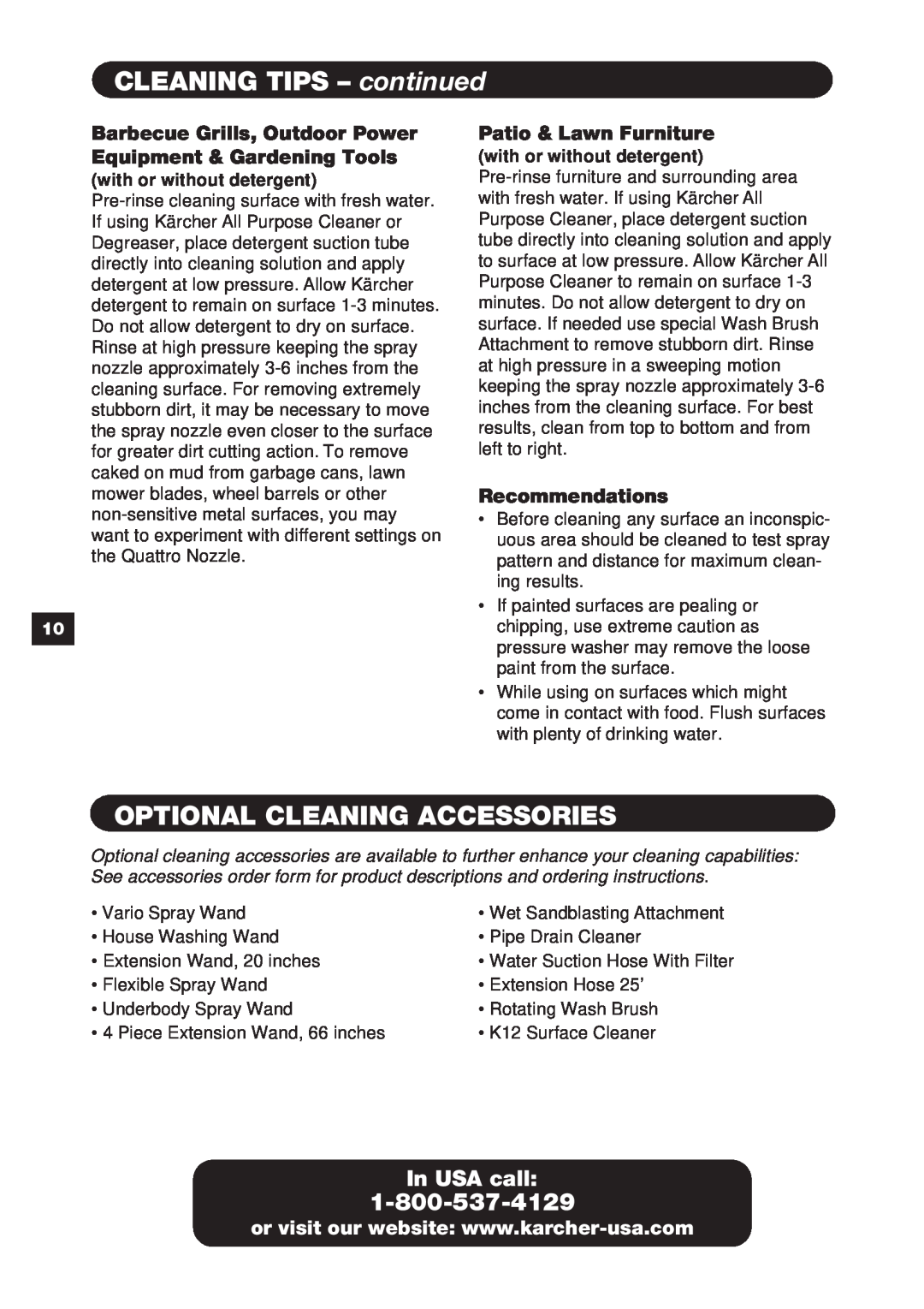 Karcher K 3.99 M CLEANING TIPS - continued, Optional Cleaning Accessories, Patio & Lawn Furniture, Recommendations 