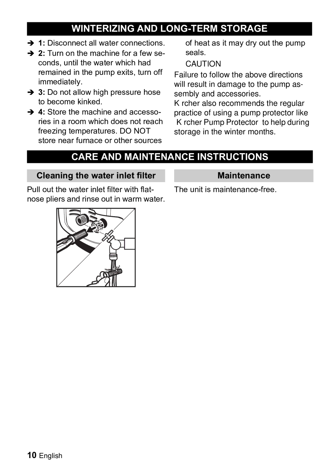 Karcher K 3.99M manual Winterizing and LONG-TERM Storage, Care and Maintenance Instructions 