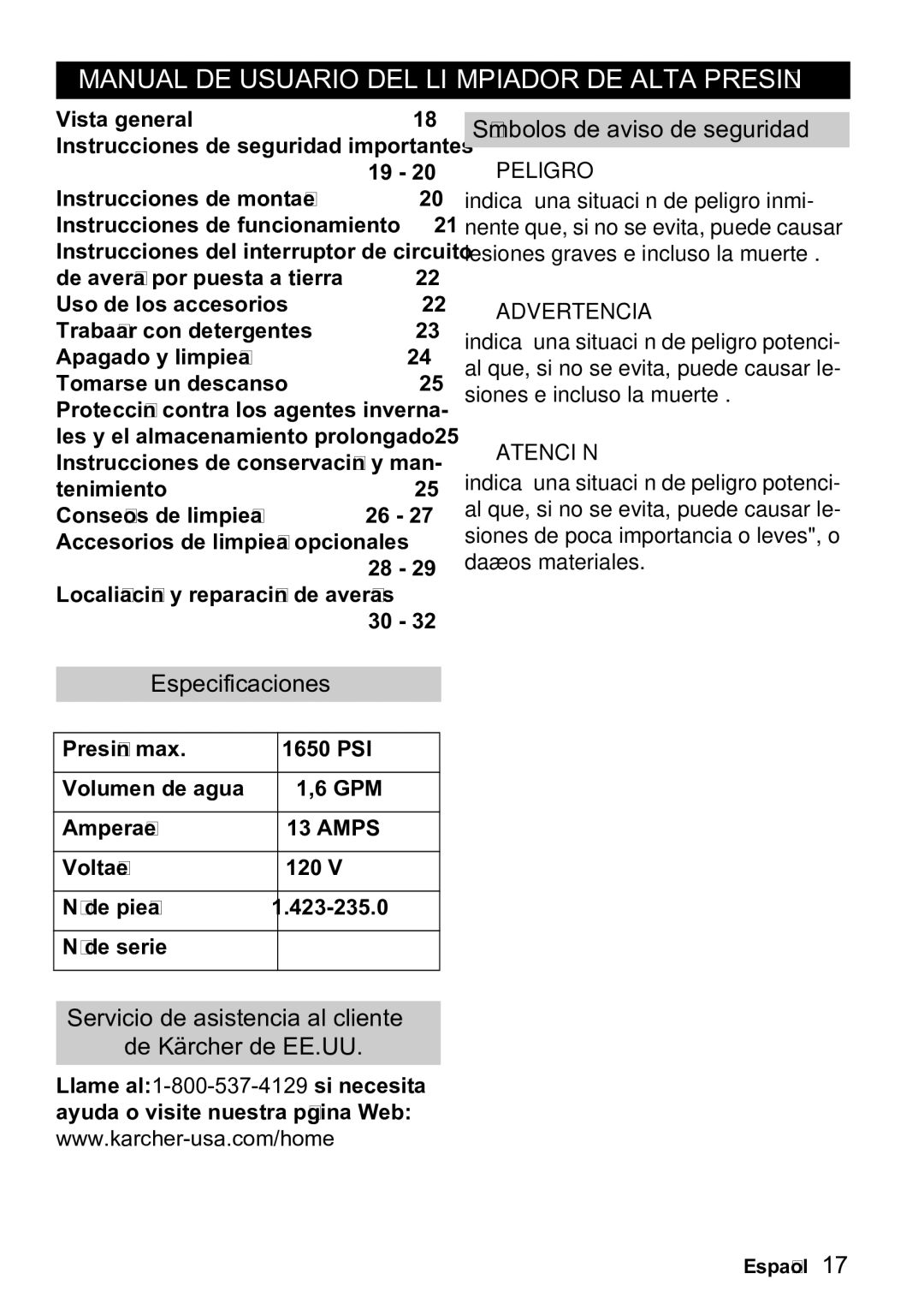 Karcher K 3.99M manual Manual DE Usuario DEL Limpiador DE Alta Presión, Símbolos de aviso de seguridad, Especificaciones 