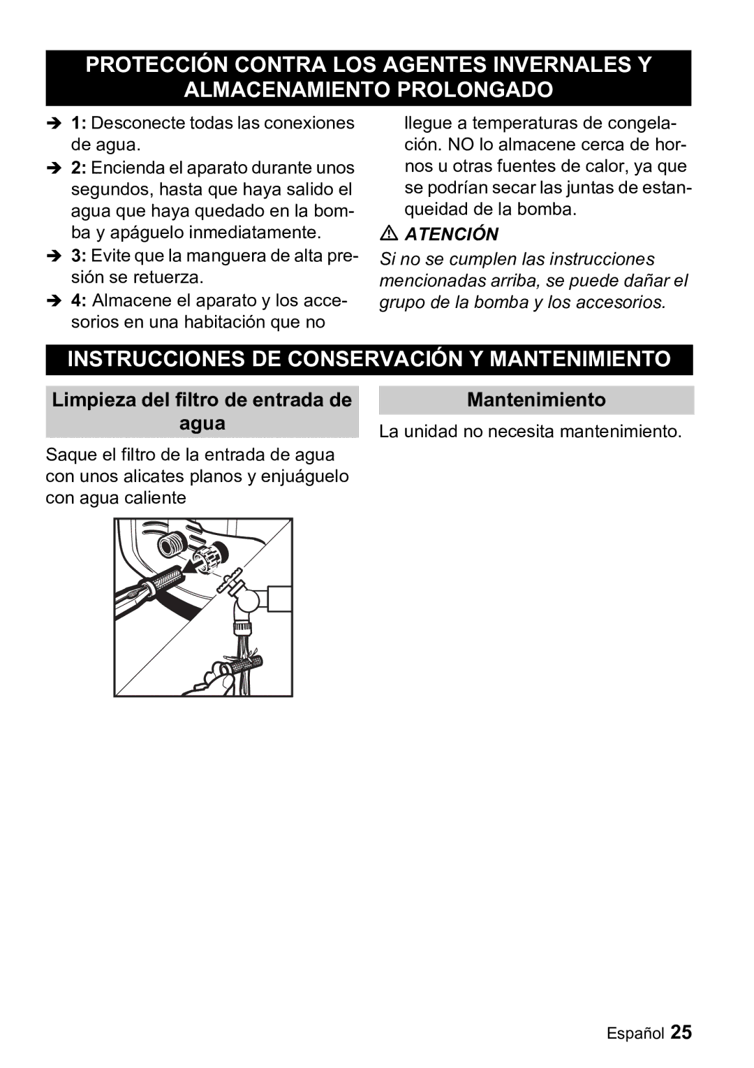 Karcher K 3.99M manual Instrucciones DE Conservación Y Mantenimiento, Limpieza del filtro de entrada de Agua 