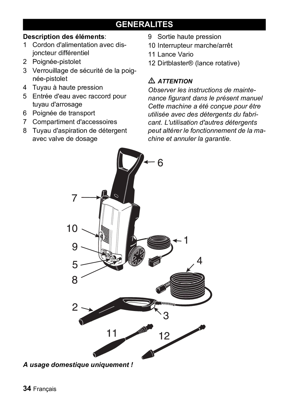 Karcher K 3.99M manual Generalites, Description des éléments 