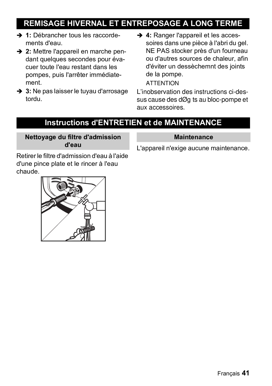 Karcher K 3.99M manual Remisage Hivernal ET Entreposage a Long Terme, Nettoyage du filtre dadmission 