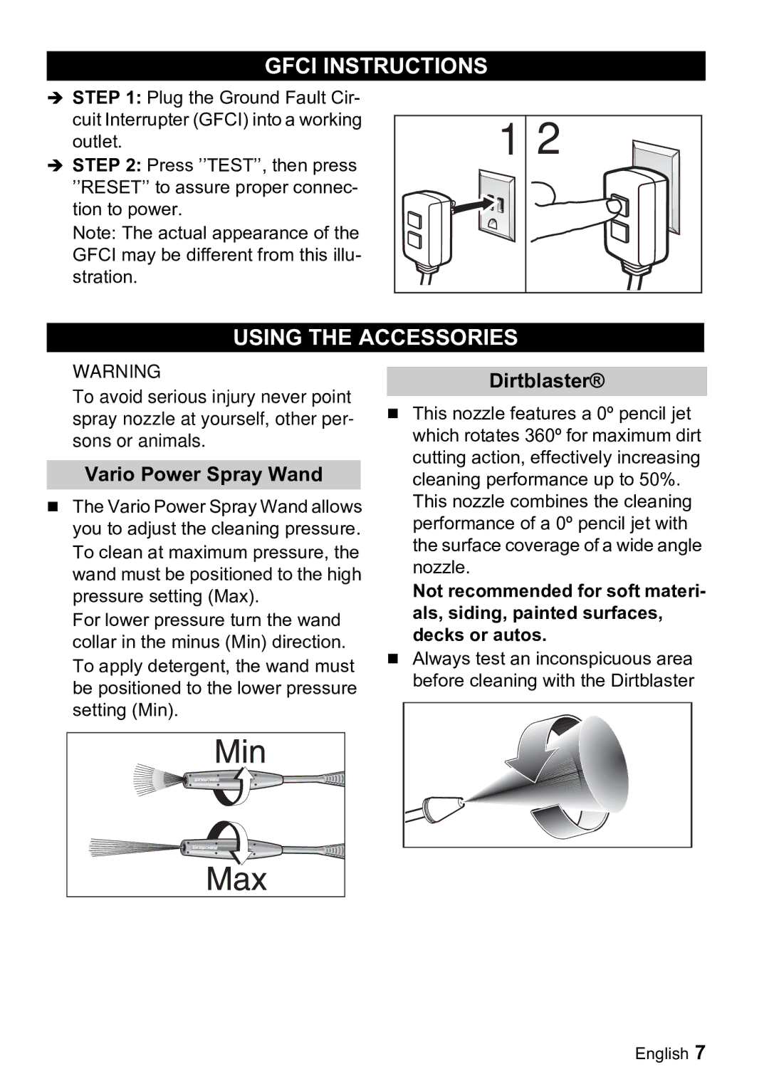 Karcher K 3.99M manual Gfci Instructions, Using the Accessories, Vario Power Spray Wand, Dirtblaster 