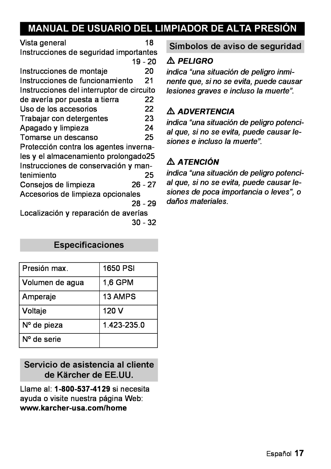 Karcher K 3.99M manual Manual De Usuario Del Limpiador De Alta Presión, Símbolos de aviso de seguridad, Especificaciones 
