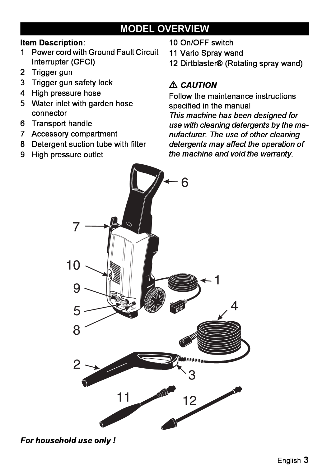 Karcher K 3.99M manual Model Overview, Item Description, For household use only 