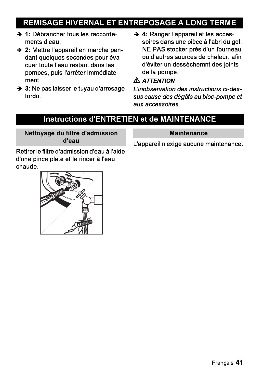 Karcher K 3.99M manual Remisage Hivernal Et Entreposage A Long Terme, Instructions dENTRETIEN et de MAINTENANCE 