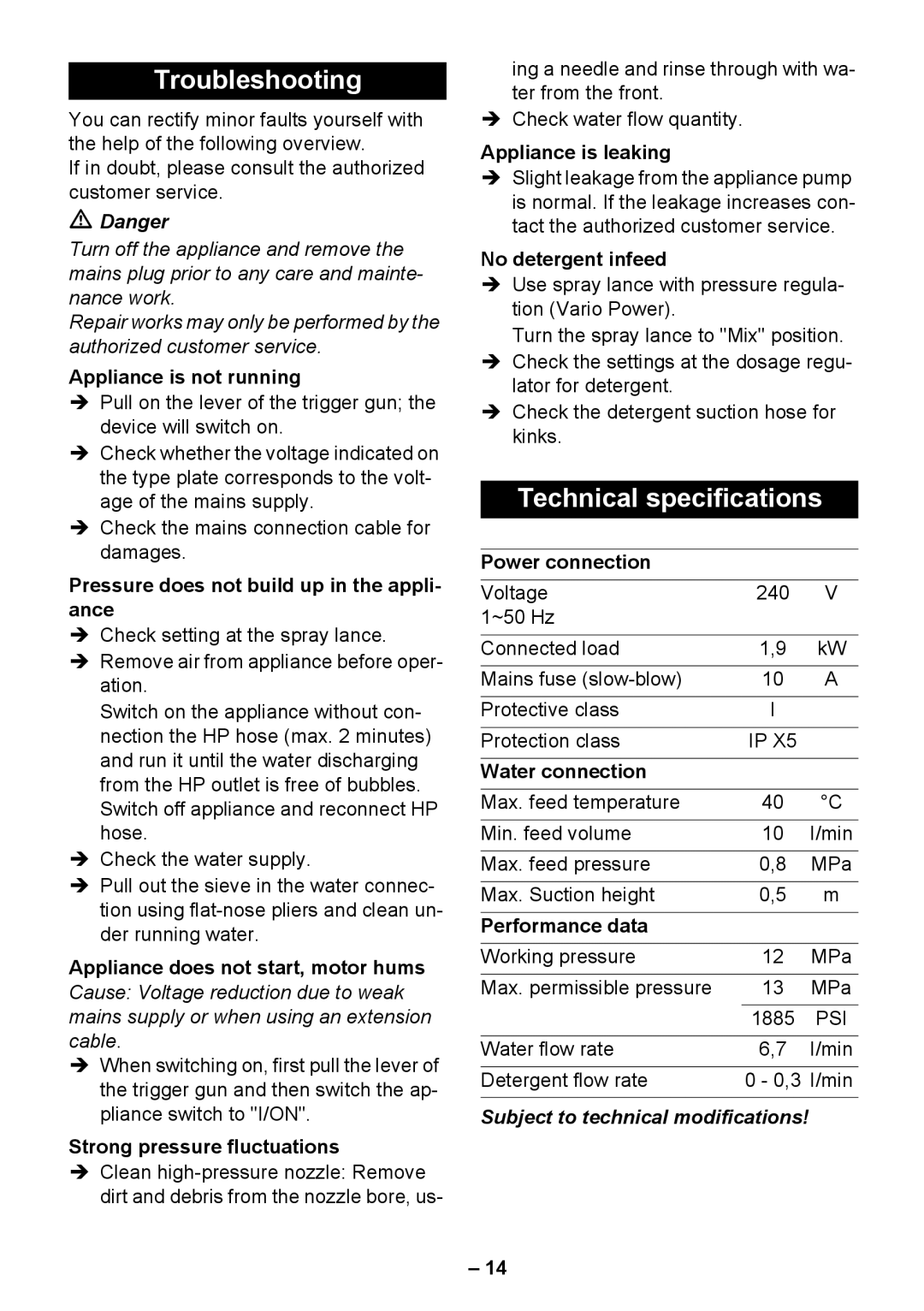 Karcher K 4.650 manual Troubleshooting, Technical specifications 