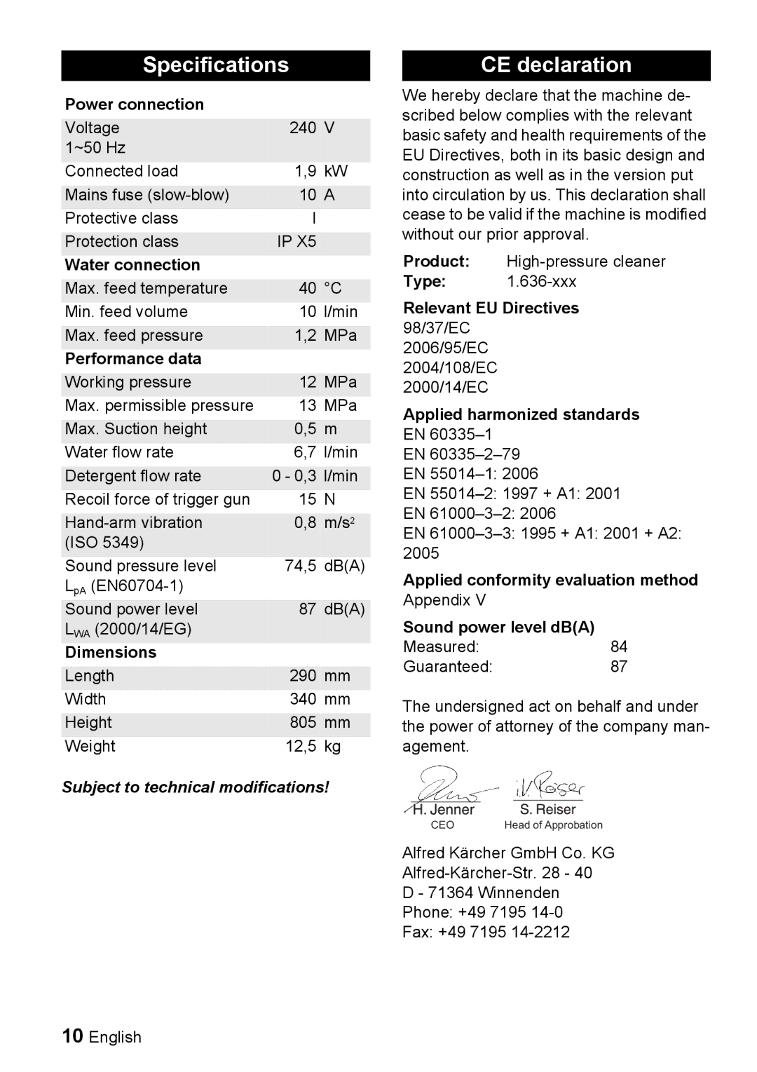 Karcher K 4.93 M operating instructions Specifications, CE declaration 