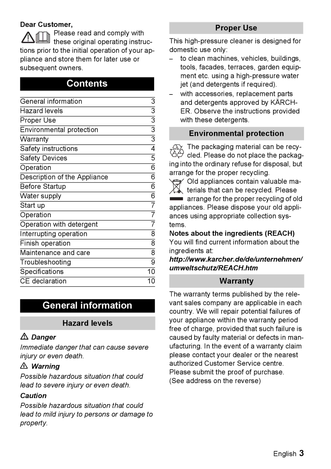 Karcher K 4.93 M operating instructions Contents, General information 