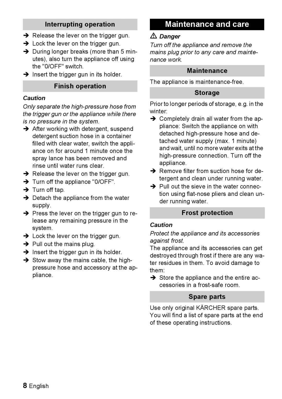 Karcher K 4.93 M operating instructions Maintenance and care 