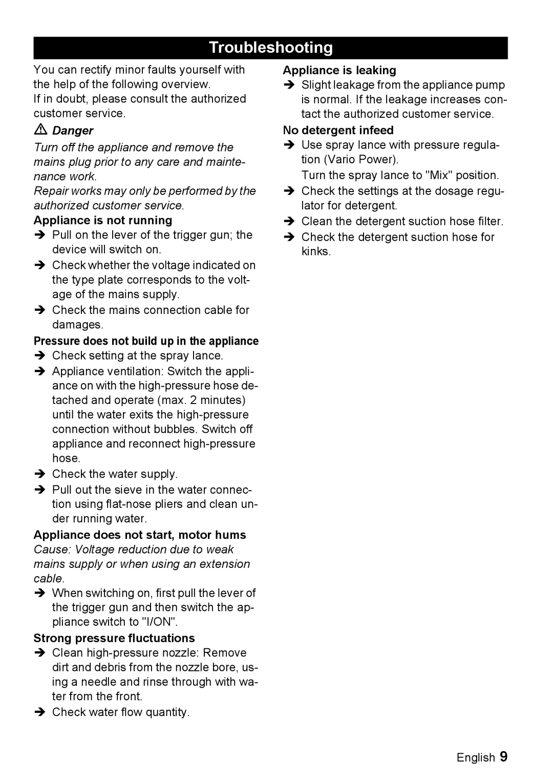 Karcher K 4.93 M operating instructions Troubleshooting 