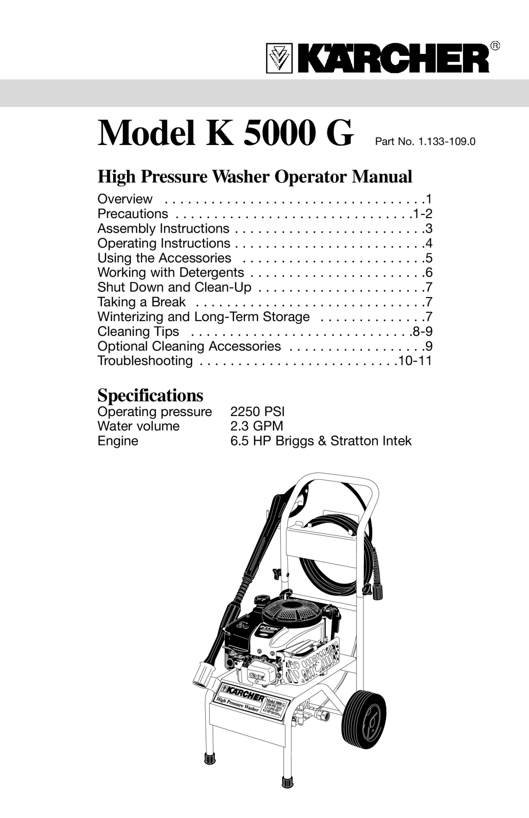 Karcher K 5000 G specifications High Pressure Washer Operator Manual, Specifications 
