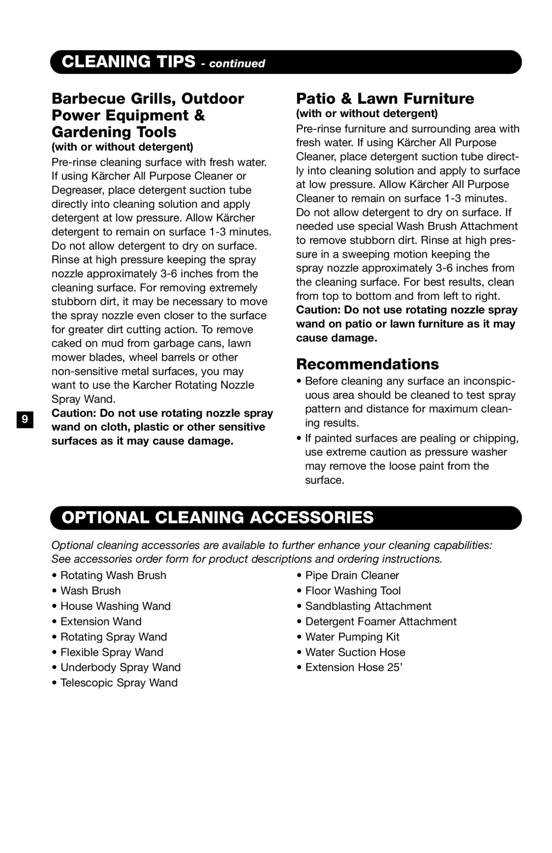 Karcher K 5000 G CLEANING TIPS - continued, Optional Cleaning Accessories, Patio & Lawn Furniture, Recommendations 