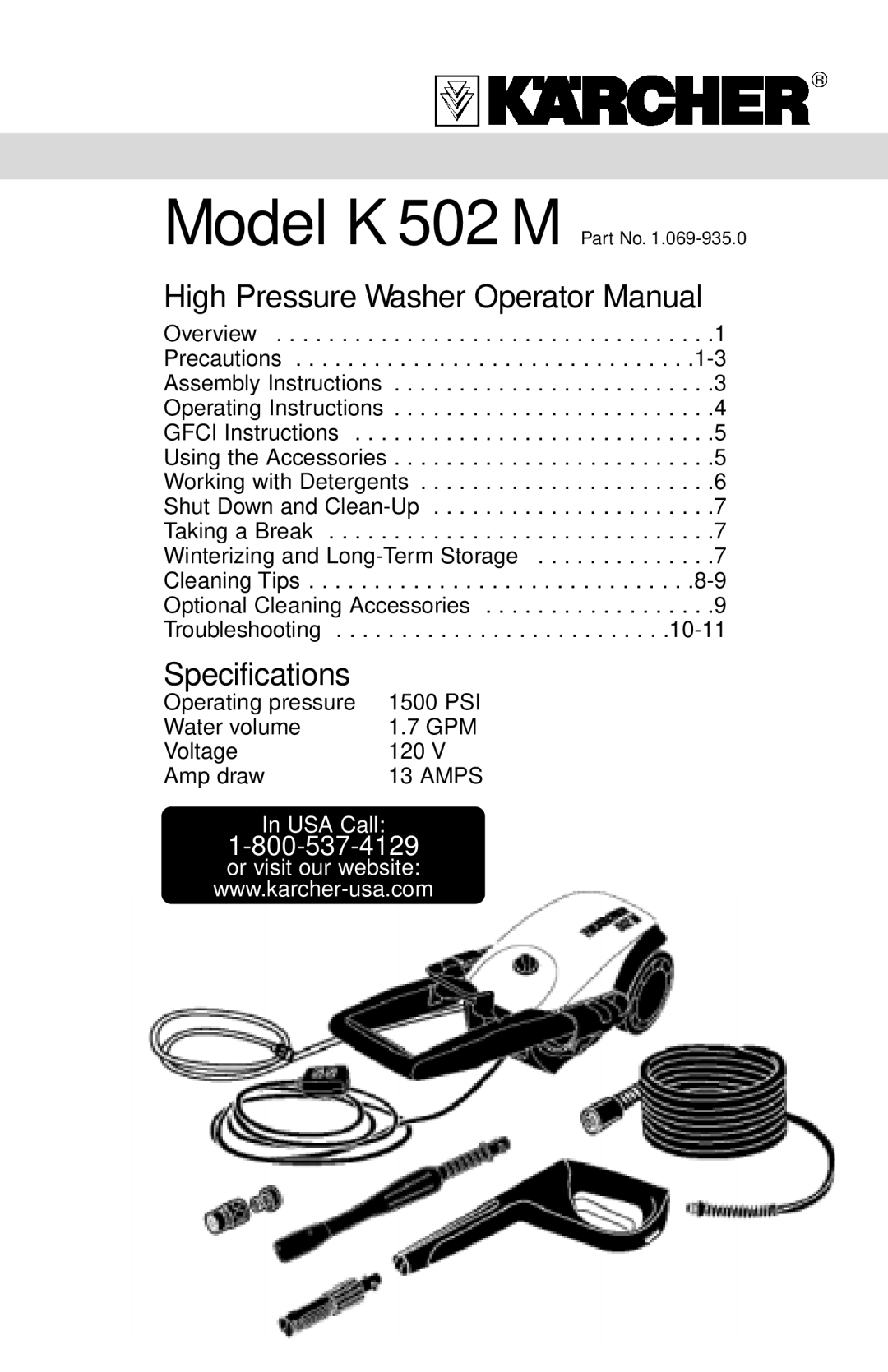 Karcher K 502 specifications High Pressure Washer Operator Manual 