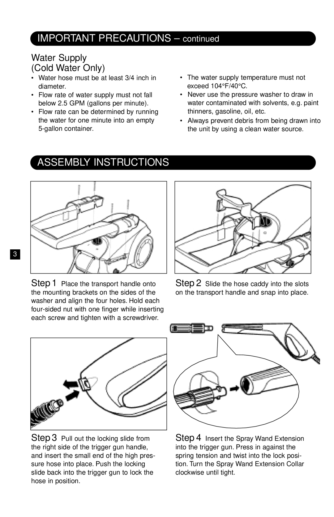 Karcher K 502 specifications Important Precautions, Assembly Instructions, Water Supply Cold Water Only 