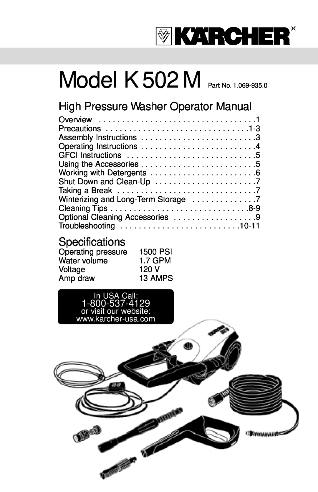 Karcher K 502 specifications In USA Call, High Pressure Washer Operator Manual, Specifications 