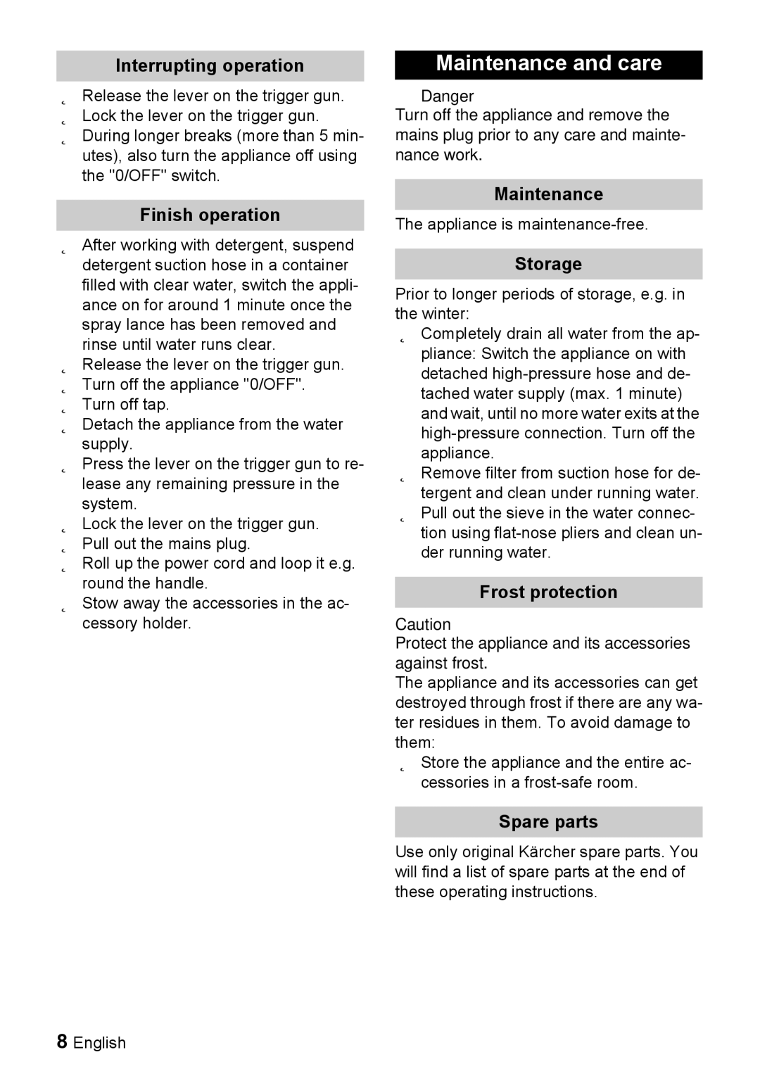 Karcher K 5.20 M manual Maintenance and care 