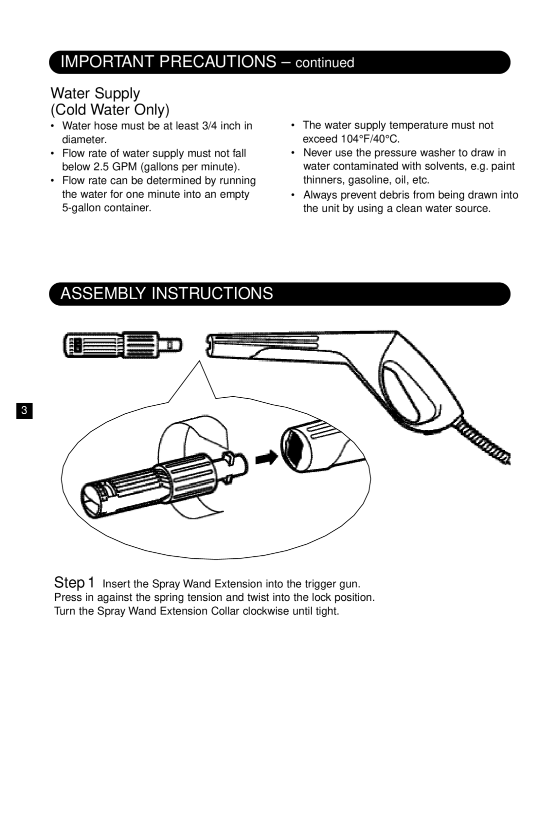 Karcher K 520 specifications Important Precautions, Assembly Instructions, Water Supply Cold Water Only 