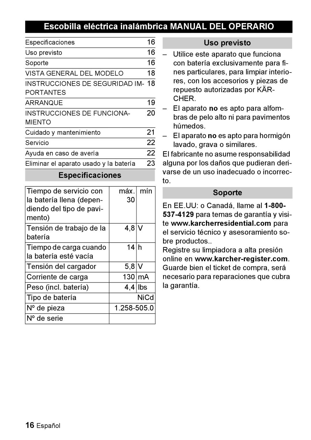 Karcher K 55 manual Escobilla eléctrica inalámbrica Manual DEL Operario, Especificaciones, Uso previsto, Soporte 