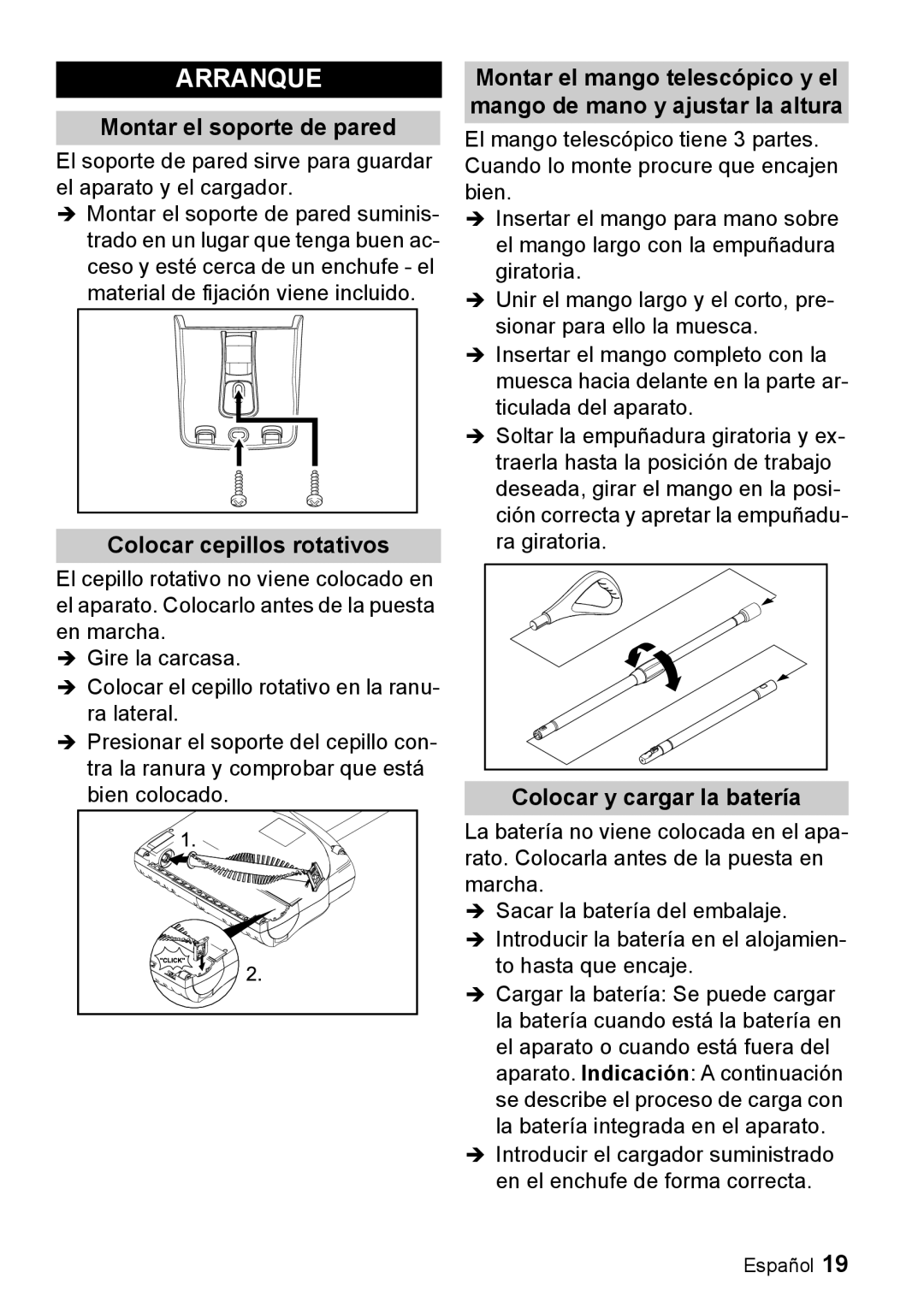 Karcher K 55 manual Arranque, Montar el soporte de pared, Colocar cepillos rotativos, Colocar y cargar la batería 