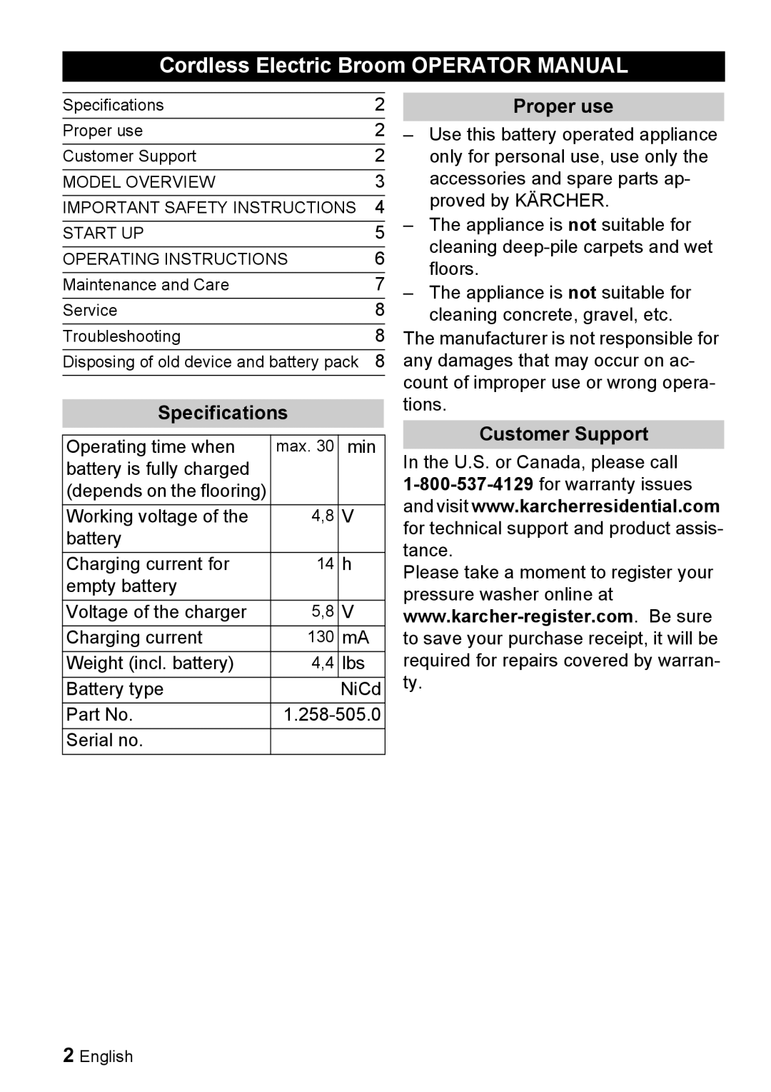 Karcher K 55 manual Cordless Electric Broom Operator Manual, Proper use, Specifications Customer Support 