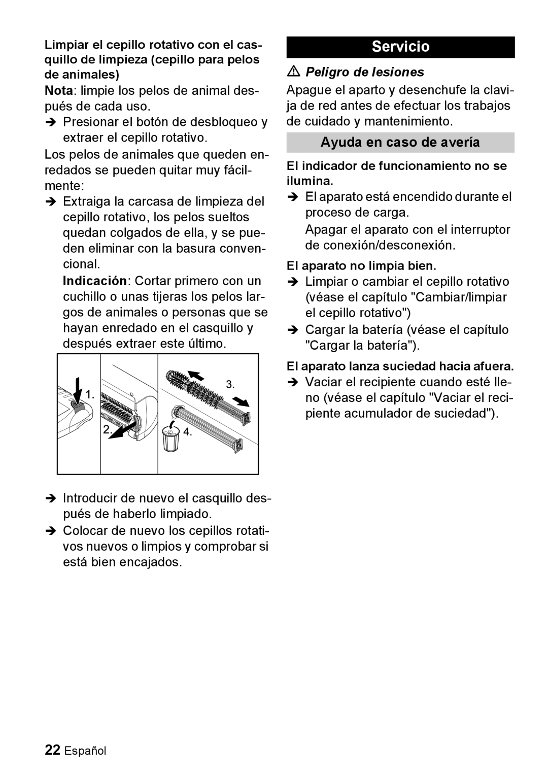 Karcher K 55 manual Servicio, Ayuda en caso de avería, Peligro de lesiones 