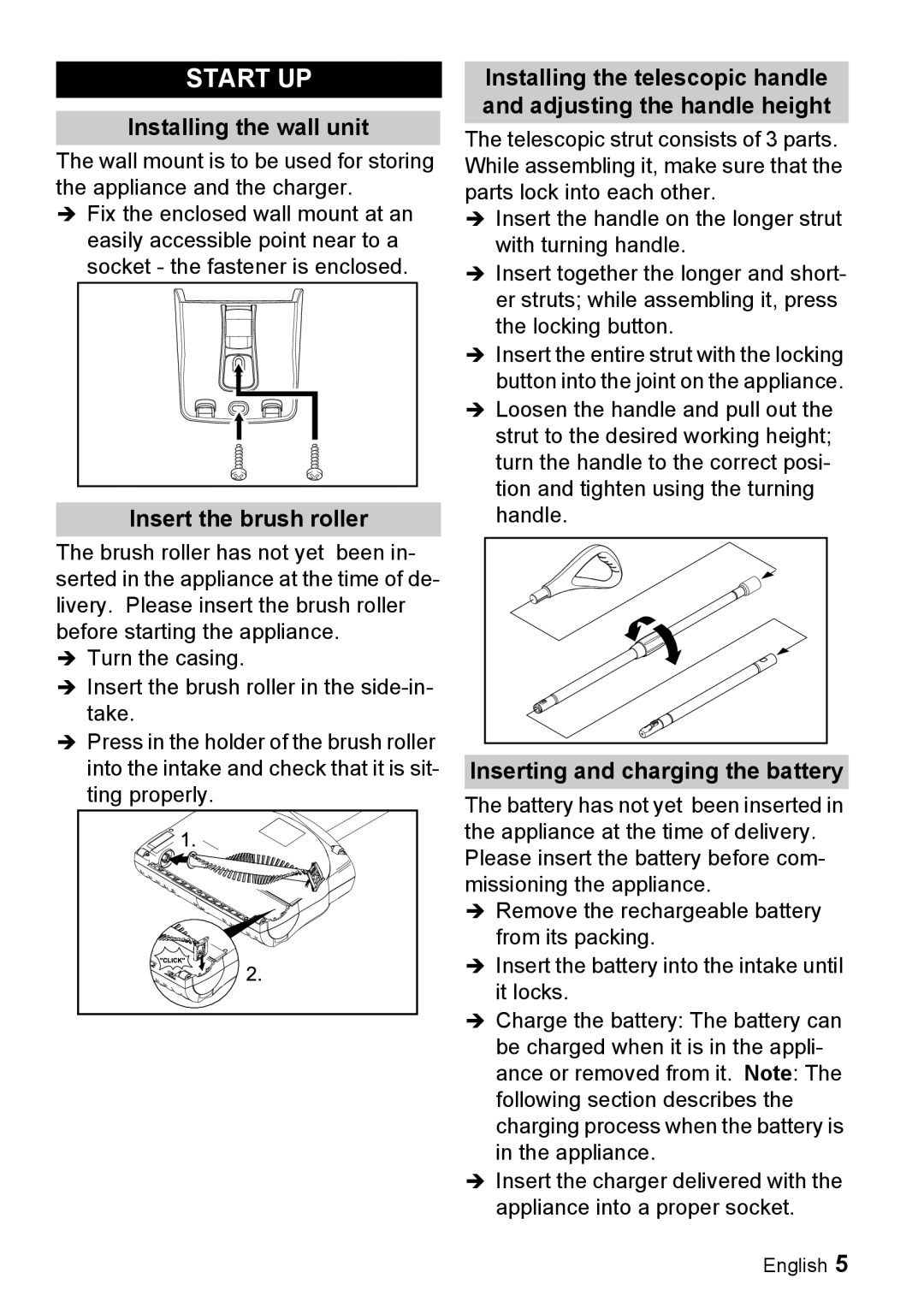 Karcher K 55 manual Start UP, Installing the wall unit, Insert the brush roller, Inserting and charging the battery 