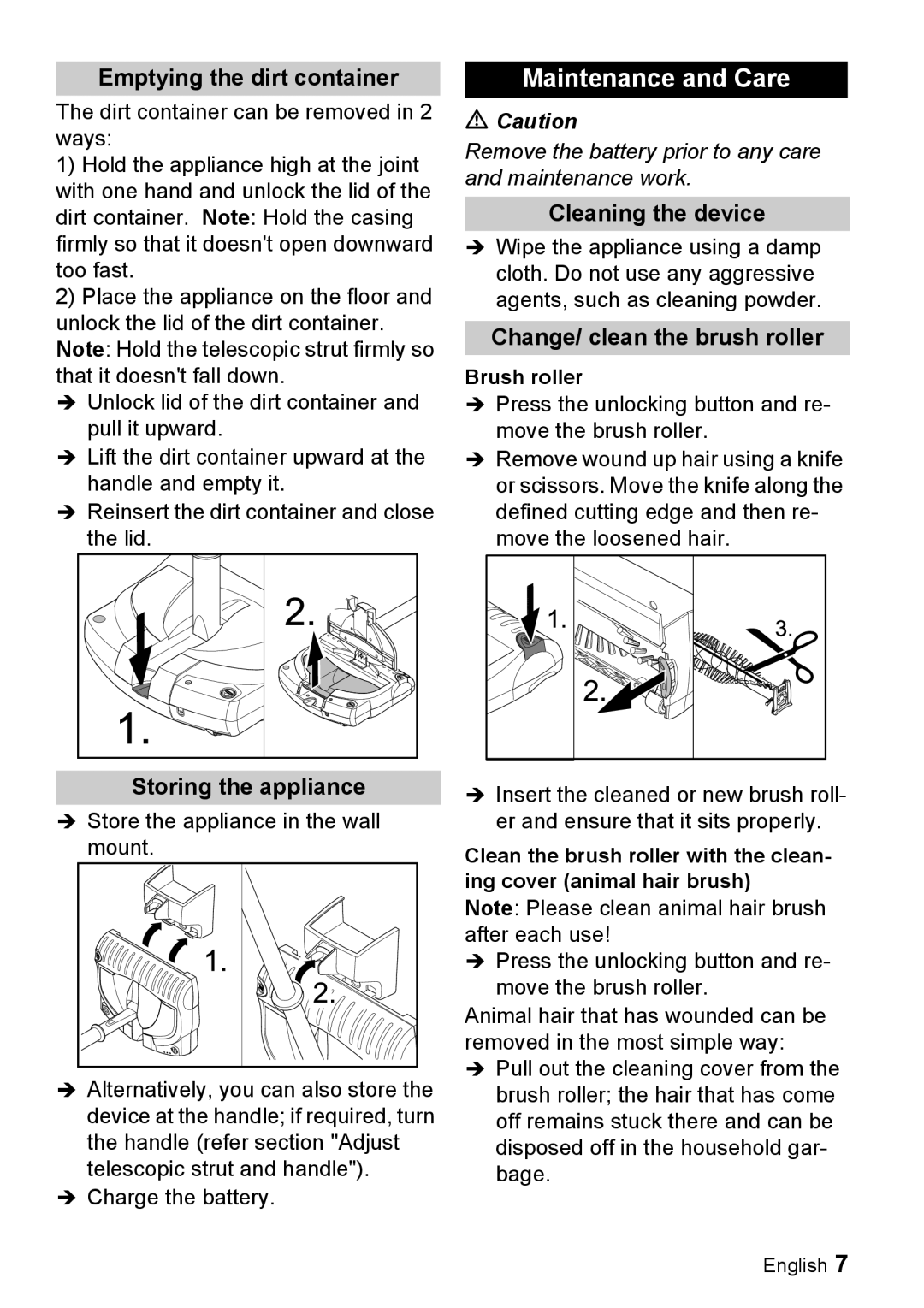 Karcher K 55 manual Maintenance and Care, Emptying the dirt container, Storing the appliance, Cleaning the device 