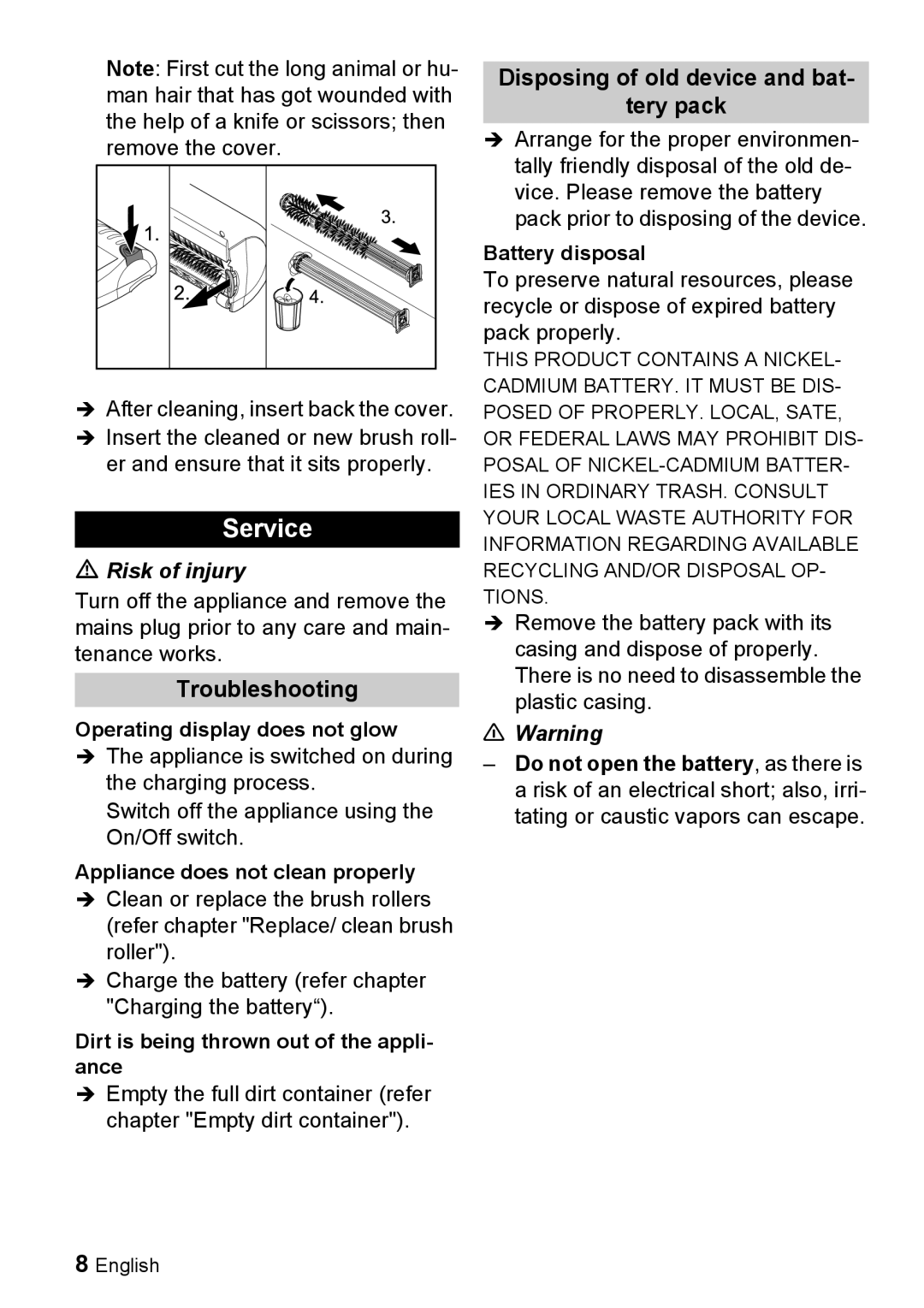 Karcher K 55 manual Service, Troubleshooting, Disposing of old device and bat Tery pack, Risk of injury 