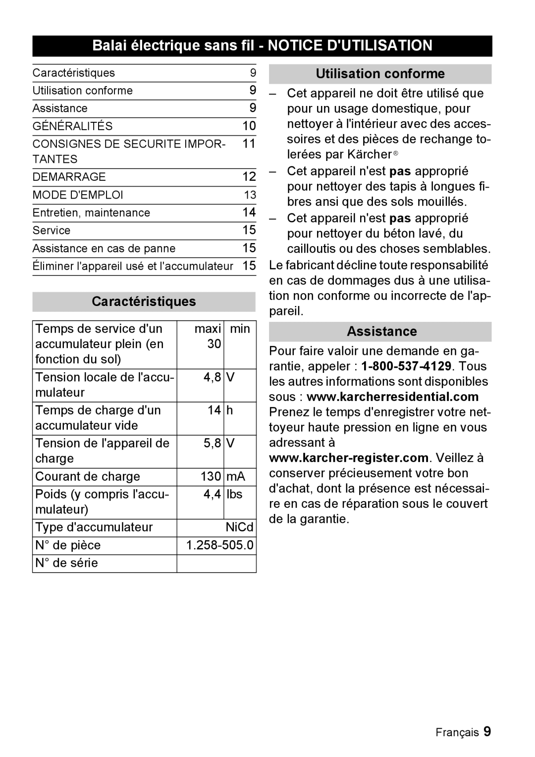 Karcher K 55 manual Balai électrique sans fil Notice Dutilisation, Caractéristiques, Utilisation conforme, Assistance 