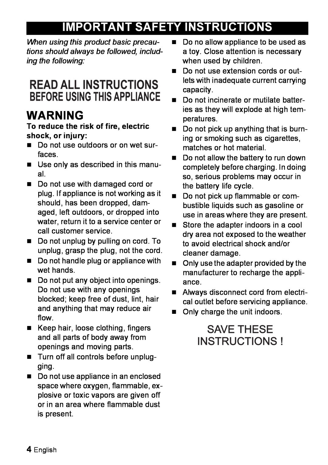 Karcher K 55 manual Important Safety Instructions 