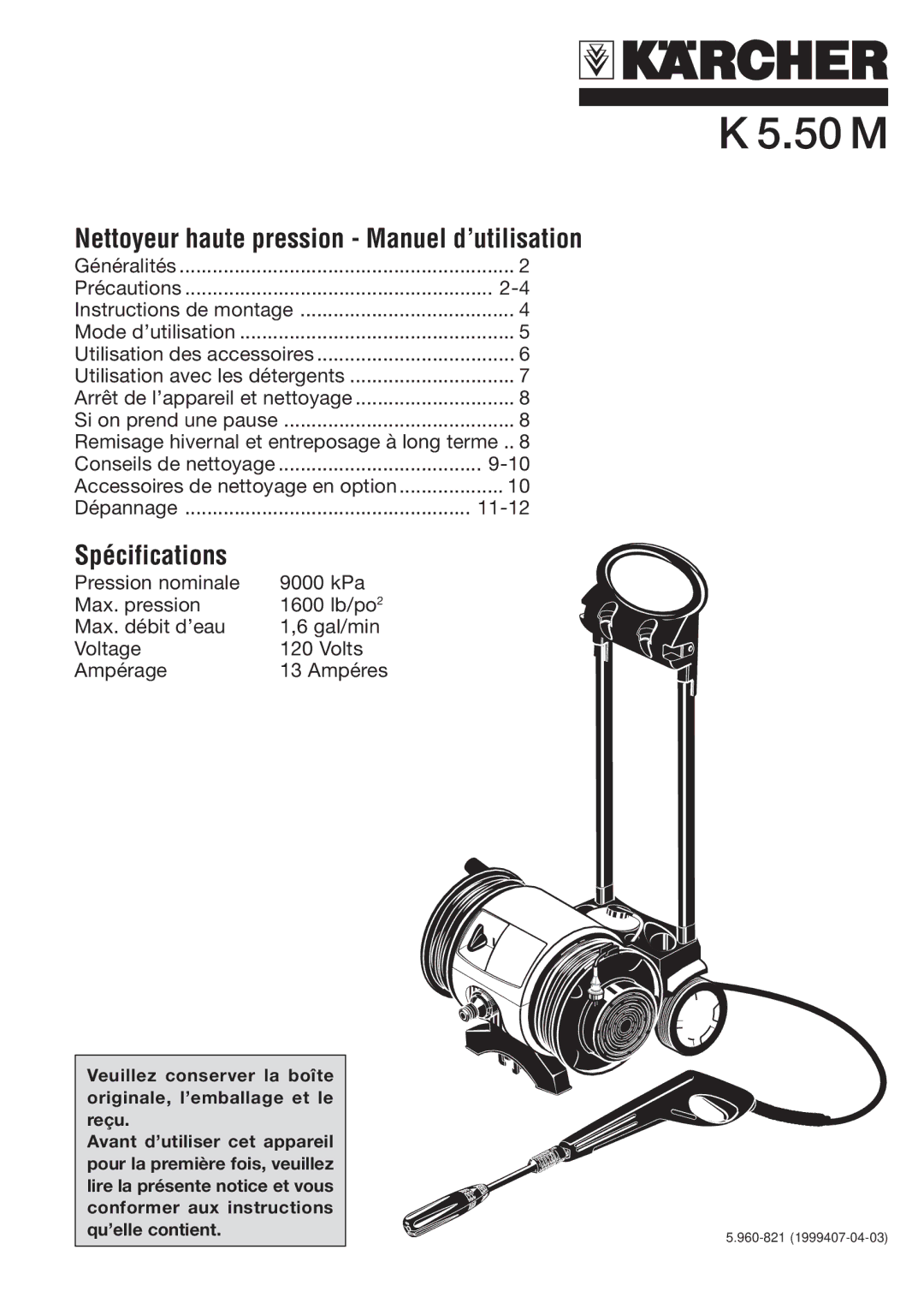 Karcher K 5.50 M specifications Nettoyeur haute pression Manuel d’utilisation 