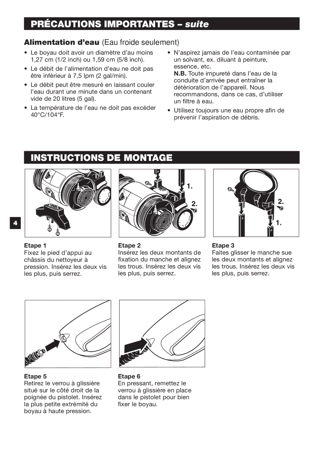 Karcher K 5.50 M specifications Précautions Importantes suite, Instructions DE Montage, Etape 