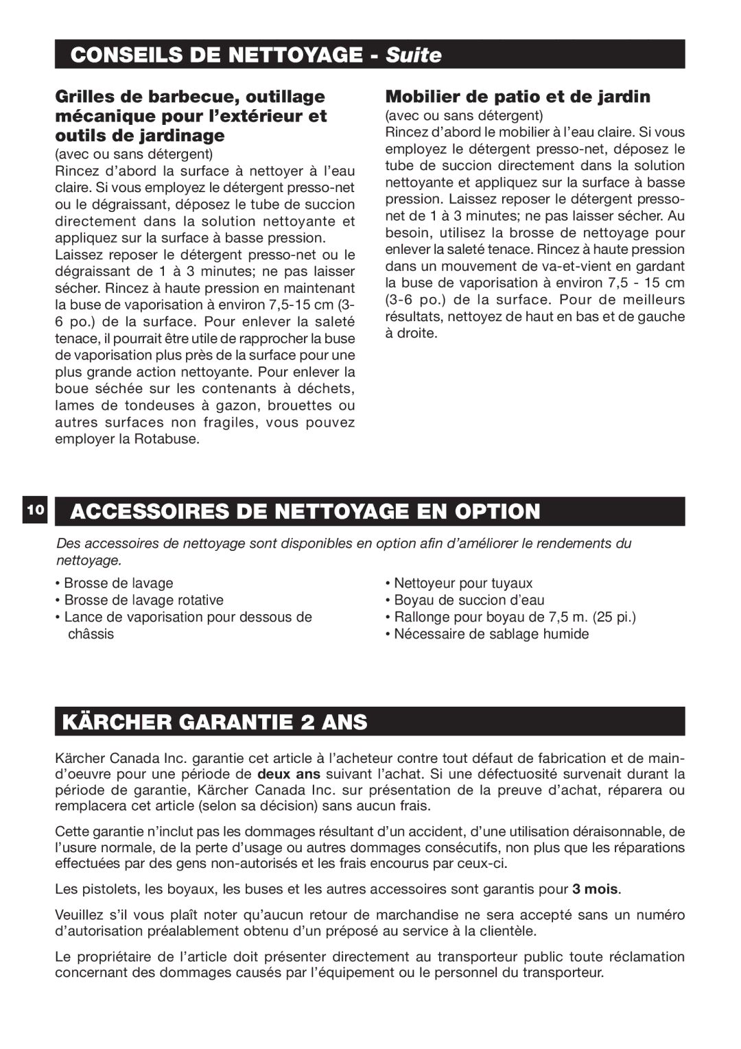 Karcher K 5.50 M specifications Conseils DE Nettoyage Suite, Accessoires DE Nettoyage EN Option, Kärcher Garantie 2 ANS 