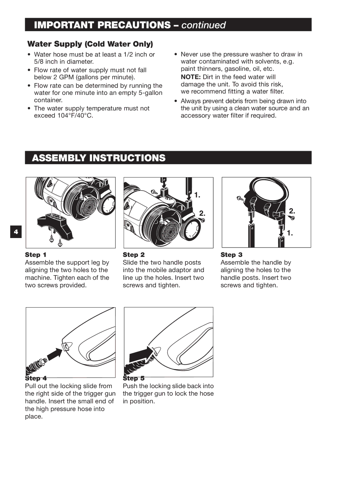 Karcher K 5.50 M specifications Important Precautions, Assembly Instructions, Water Supply Cold Water Only, Step 