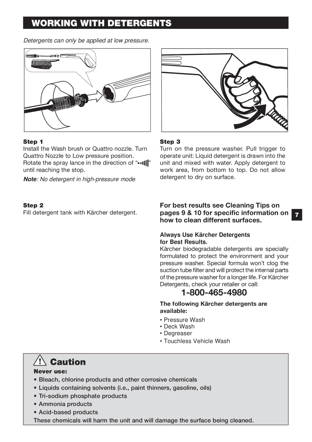 Karcher K 5.50 M specifications Working with Detergents, Always Use Kärcher Detergents for Best Results, Never use 