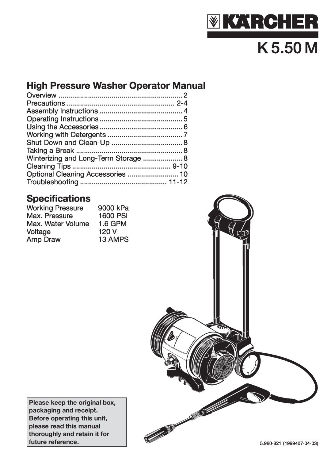 Karcher K 5.50 M specifications High Pressure Washer Operator Manual, Specifications 