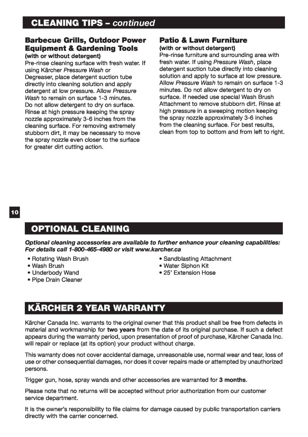 Karcher K 5.50 M CLEANING TIPS – continued, Optional Cleaning, KÄRCHER 2 YEAR WARRANTY, Patio & Lawn Furniture 