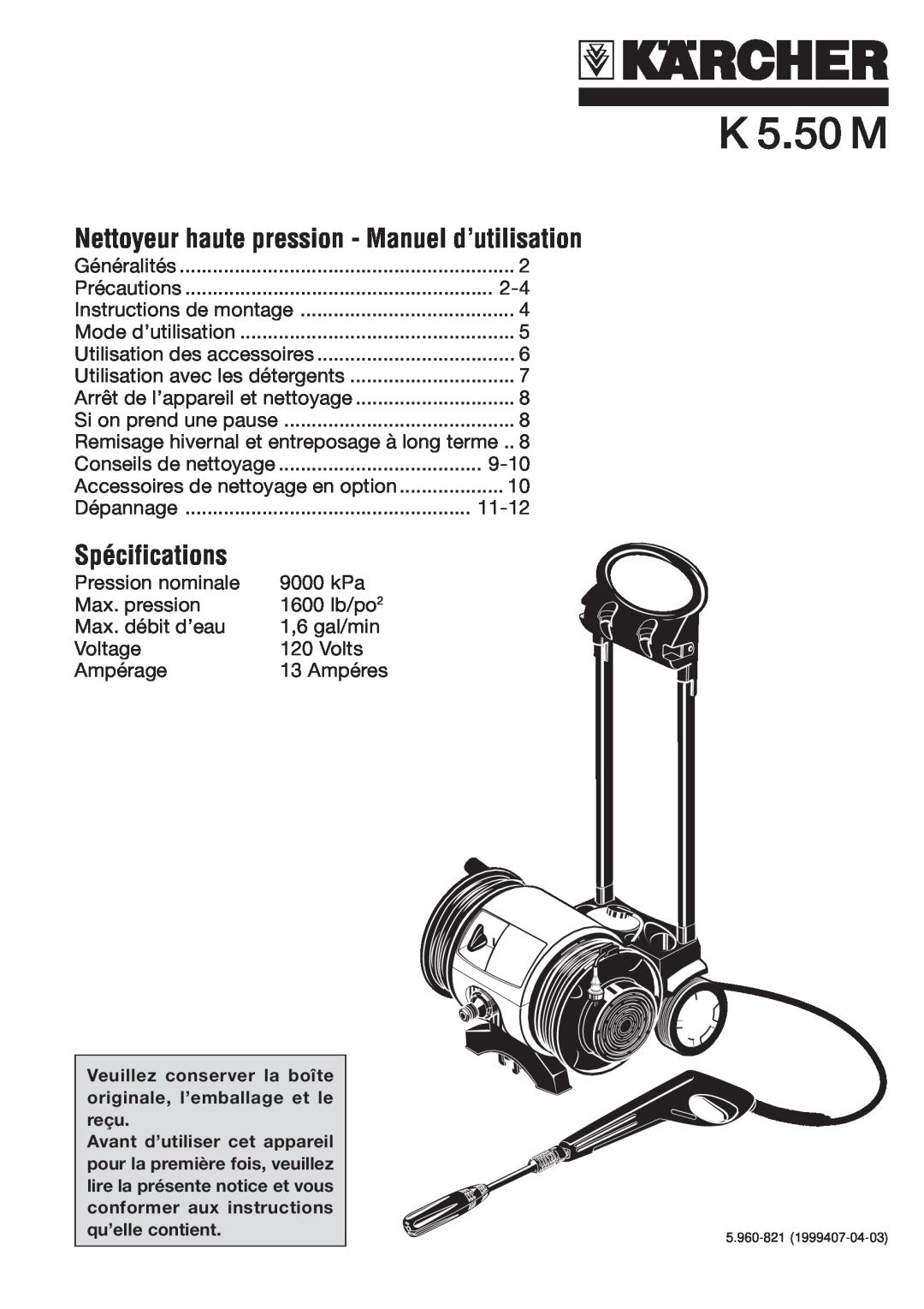 Karcher K 5.50 M specifications Nettoyeur haute pression - Manuel d’utilisation, Spécifications 