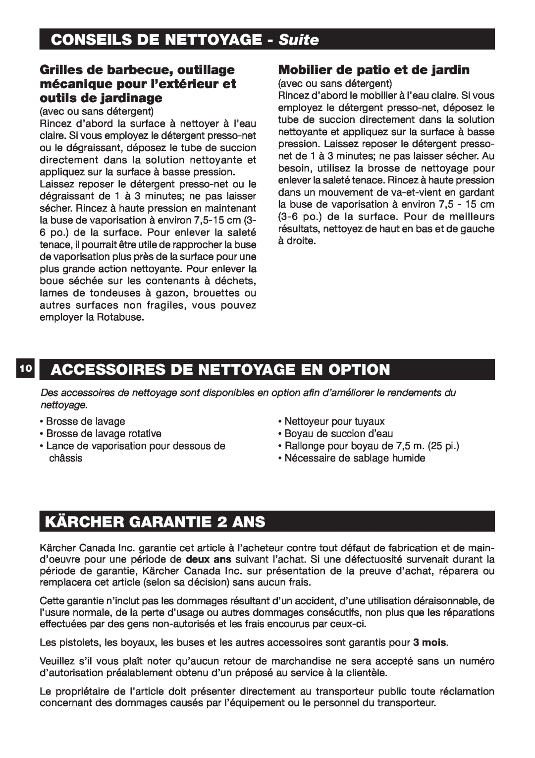 Karcher K 5.50 M specifications CONSEILS DE NETTOYAGE - Suite, 10ACCESSOIRES DE NETTOYAGE EN OPTION, KÄRCHER GARANTIE 2 ANS 