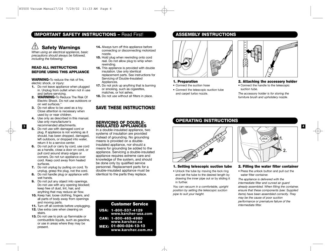 Karcher K 5500 warranty Important Safety Instructions Read First, Assembly Instructions, Operating Instructions 