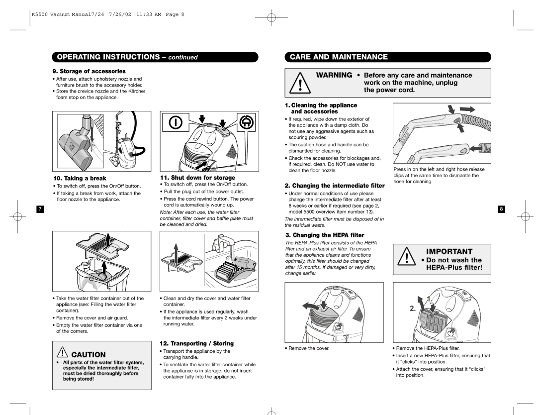 Karcher K 5500 warranty Operating Instructions, Care and Maintenance 