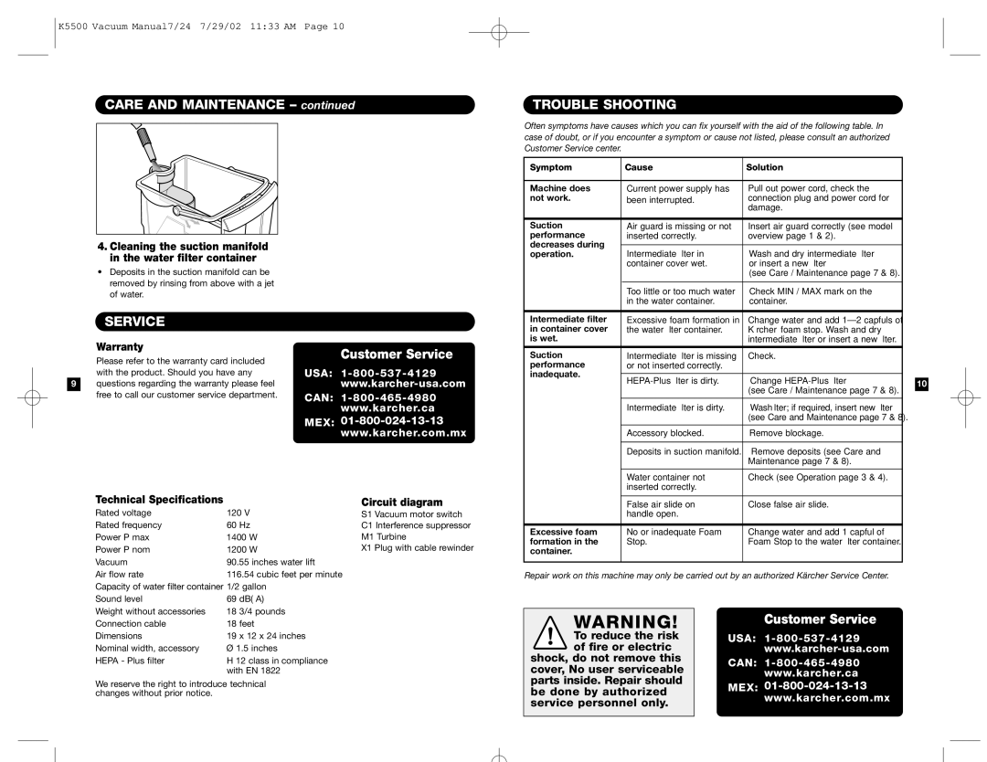 Karcher K 5500 warranty Care and Maintenance, Trouble Shooting, Service 