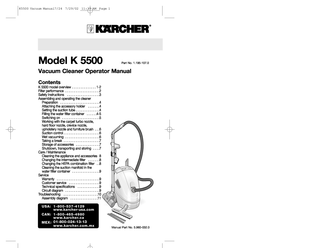 Karcher K 5500 warranty Mex, Usa, Can, Model K, Vacuum Cleaner Operator Manual, Contents 