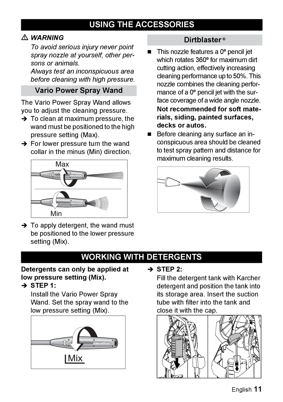 Karcher K 5.540 manuel dutilisation Using the Accessories, Working with Detergents, Vario Power Spray Wand, Dirtblaster 