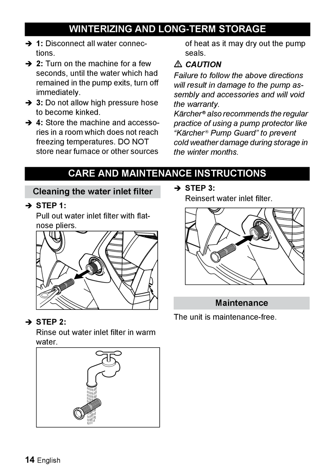 Karcher K 5.540 Winterizing and LONG-TERM Storage, Care and Maintenance Instructions, Cleaning the water inlet filter 