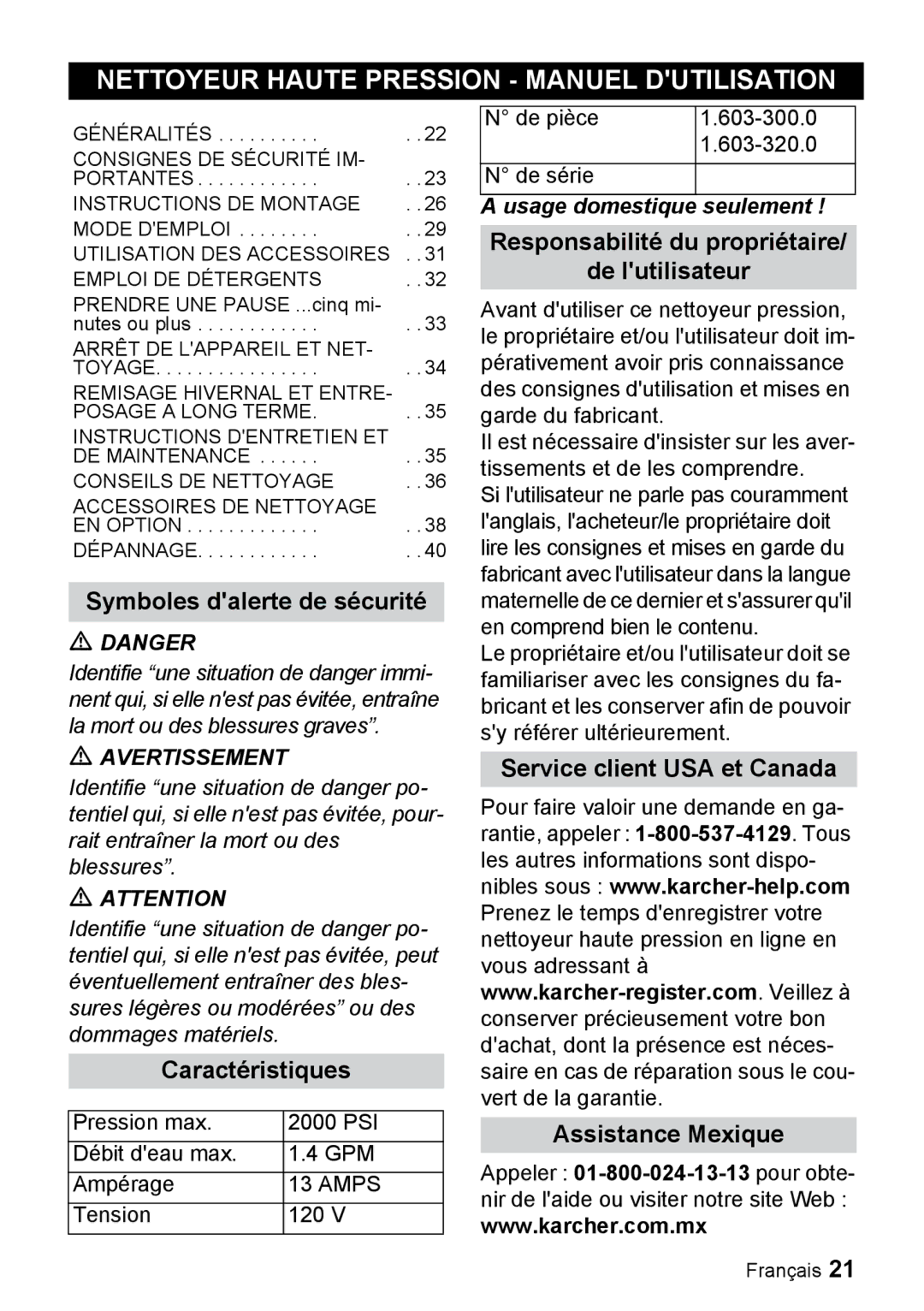 Karcher K 5.540 Nettoyeur Haute Pression Manuel Dutilisation, Symboles dalerte de sécurité, Caractéristiques 