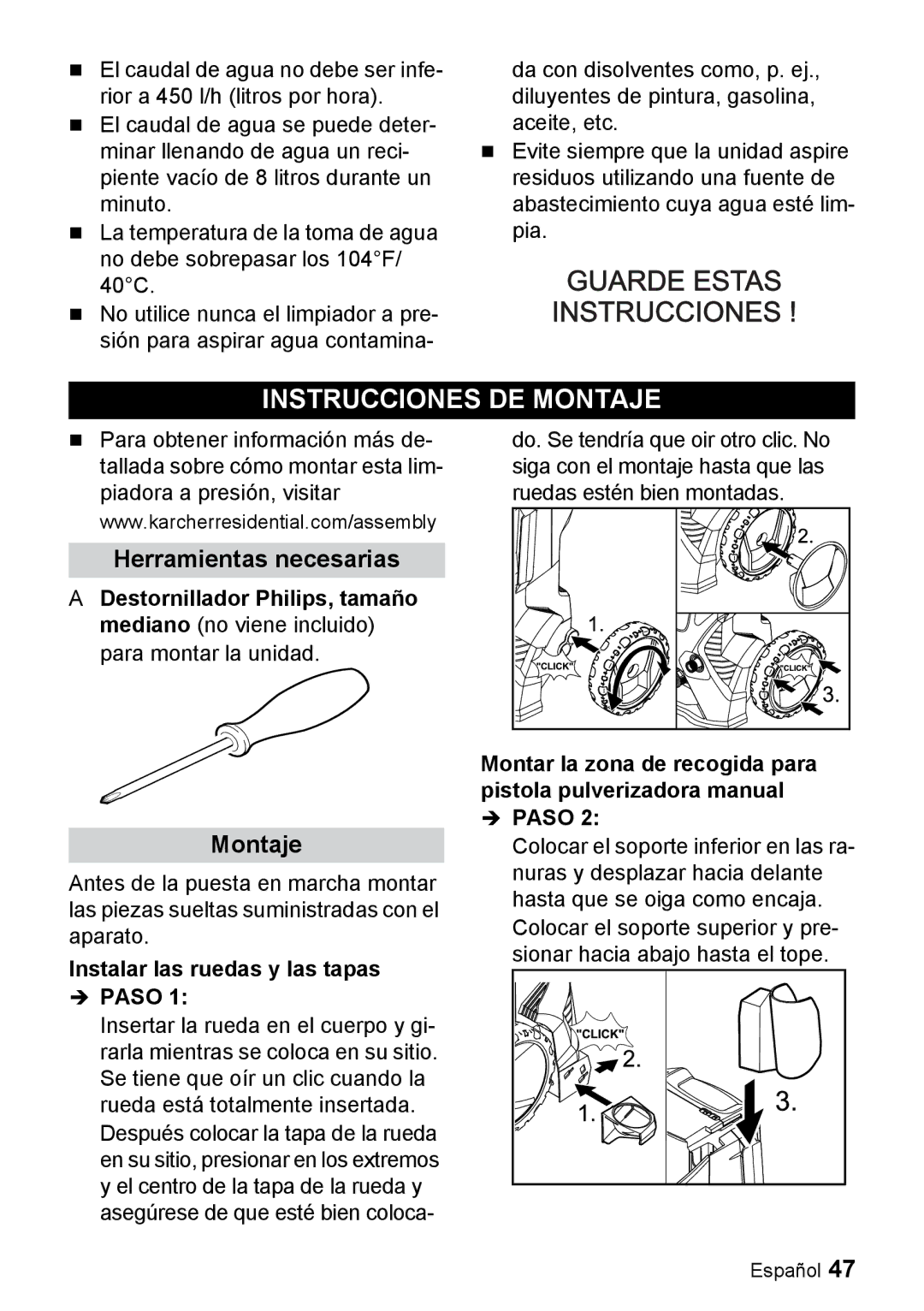 Karcher K 5.540 Instrucciones DE Montaje, Herramientas necesarias, Instalar las ruedas y las tapas  Paso 