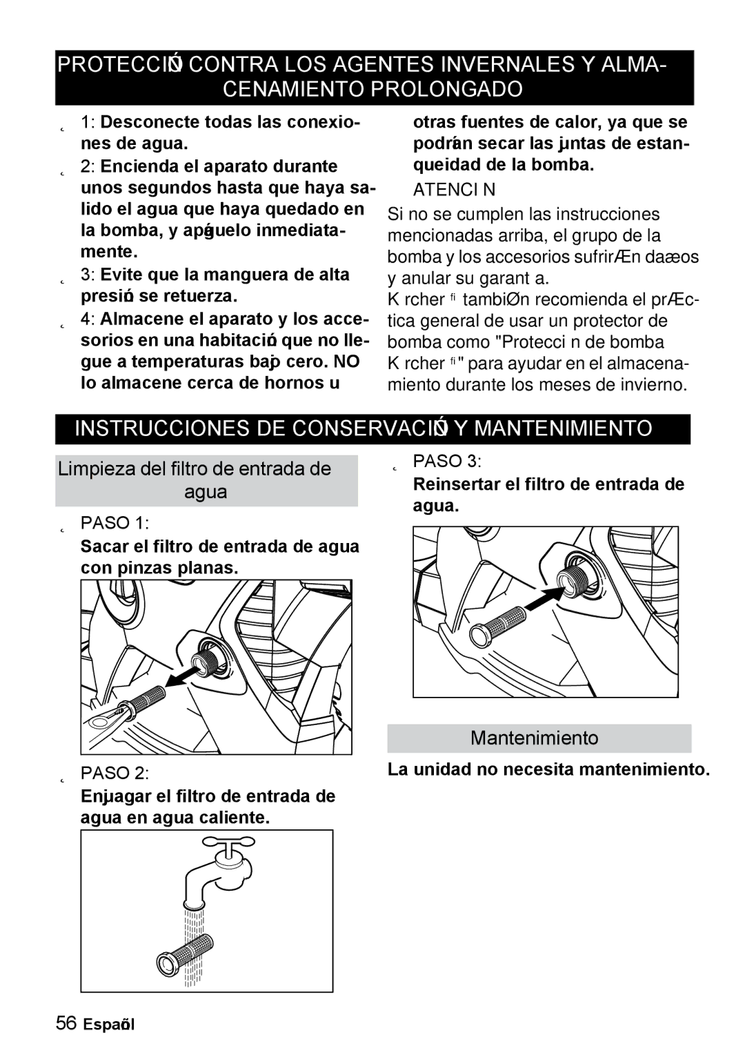 Karcher K 5.540 manuel dutilisation Instrucciones DE Conservación Y Mantenimiento, Limpieza del filtro de entrada de Agua 