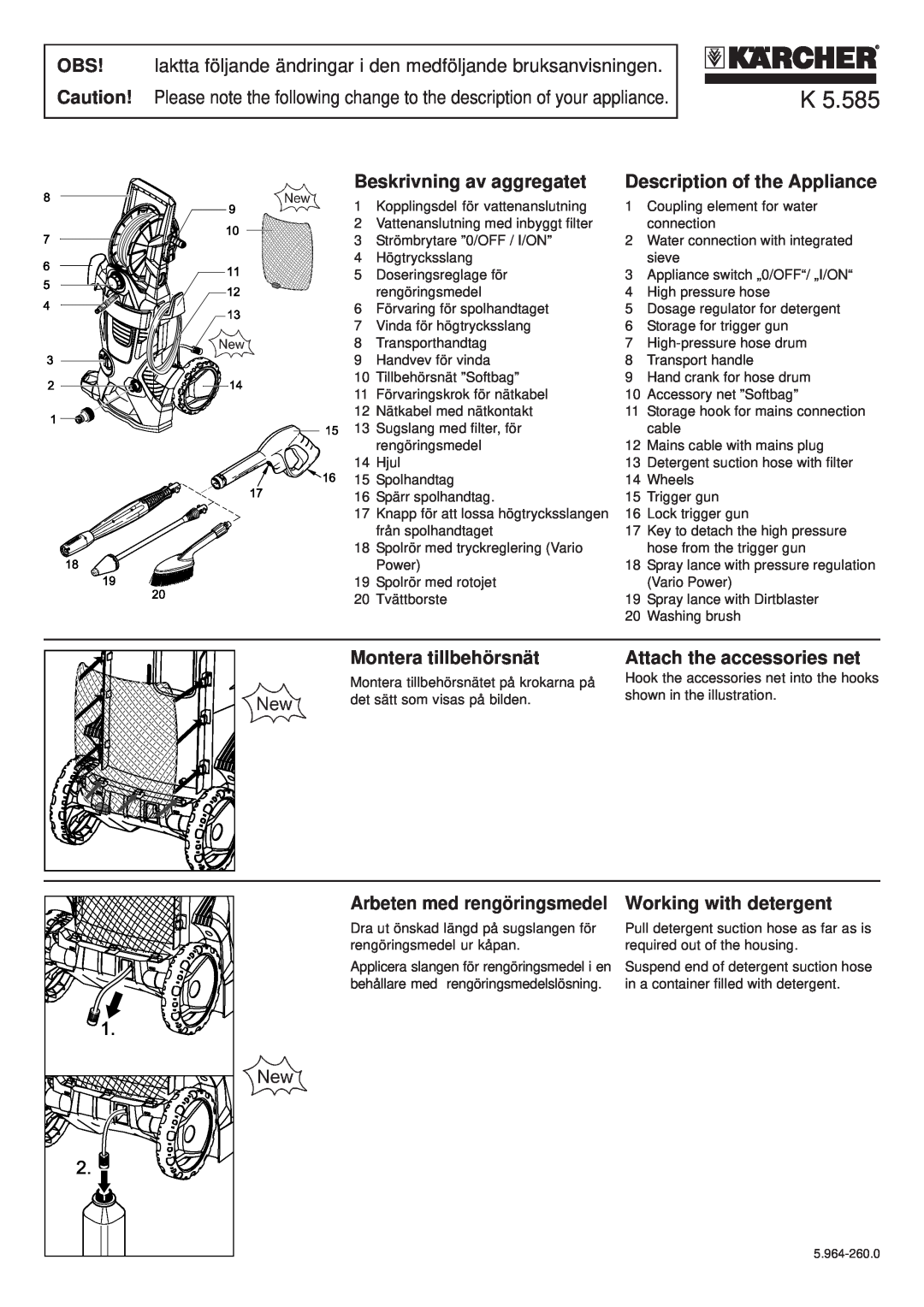 Karcher K 5.585 manual Beskrivning av aggregatet, Description of the Appliance, Montera tillbehörsnät 